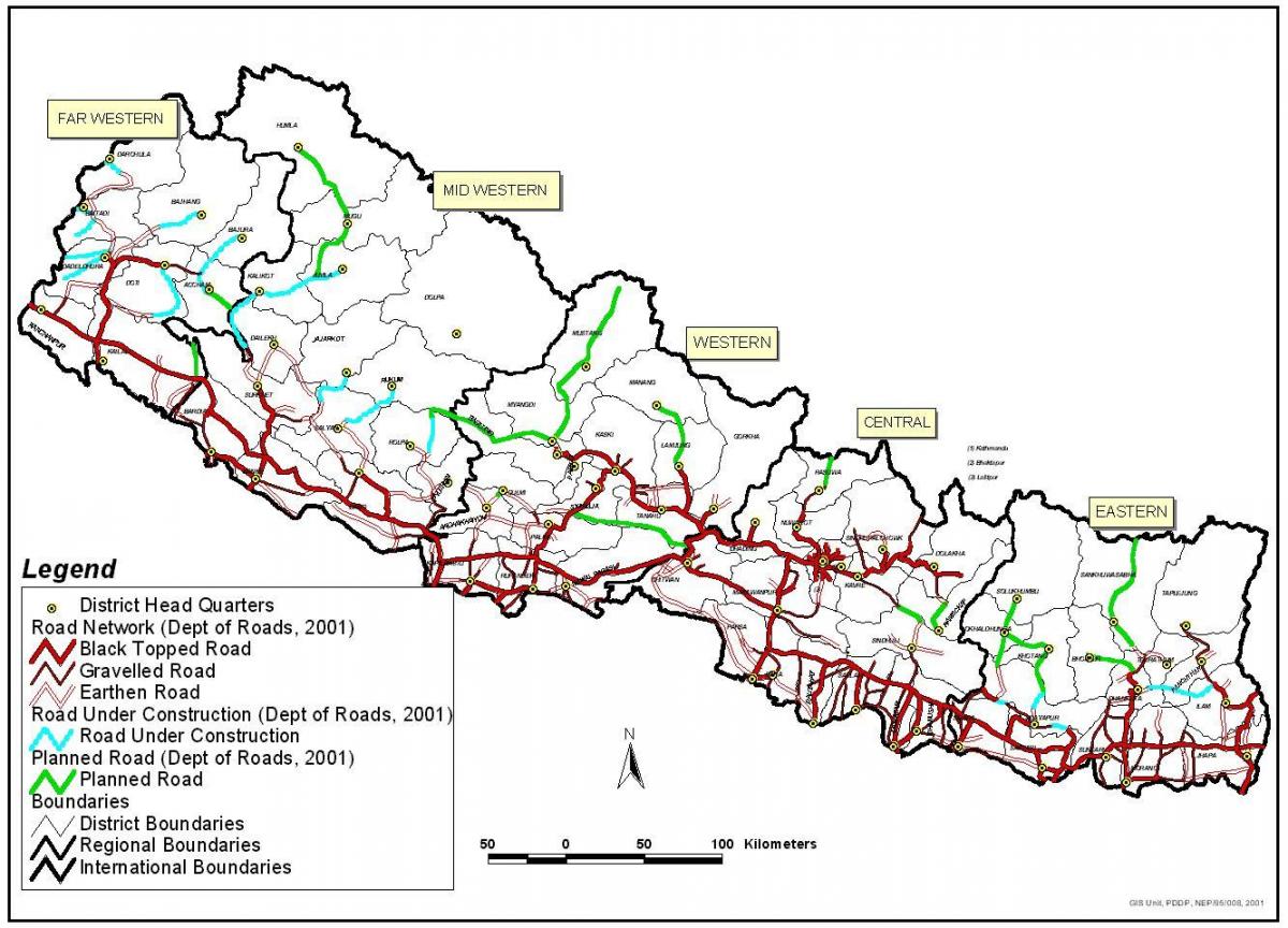 Mapa de carretera nepal amb els districtes