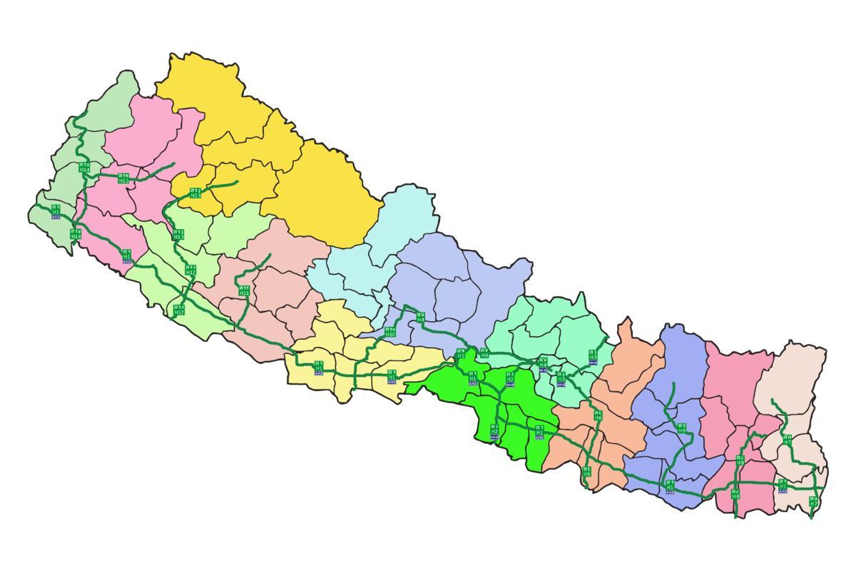 Mapa del nepal, amb les principals autopistes
