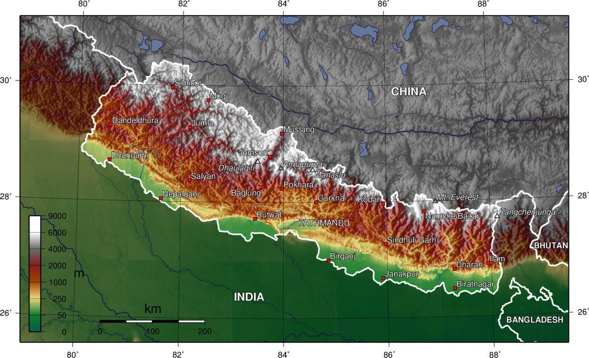 nepal elevació mapa
