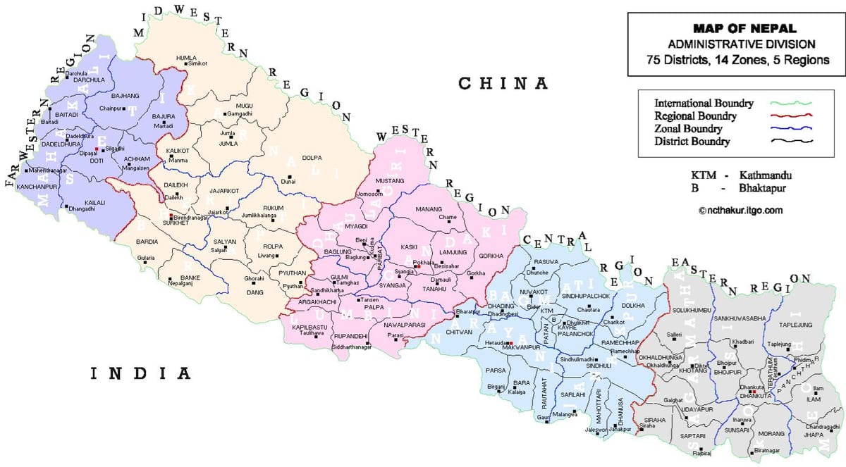 nepal mapa polític amb districtes