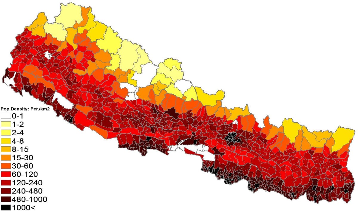 nepal densitat de població mapa