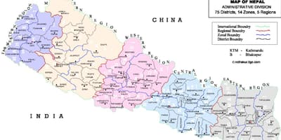 Nepal mapa polític amb districtes